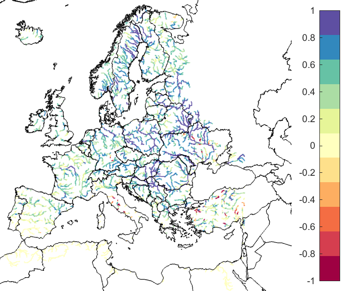 Figure 1. EFAS CRPSS at lead-time 1 day for August 2020, for catchments >2000 km2. The reference score is persistence.