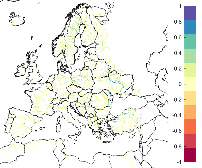 Figure 4. EFAS CRPSS at lead-time 10 days for August 2020, for catchments >2000 km2. The reference score is persistence.