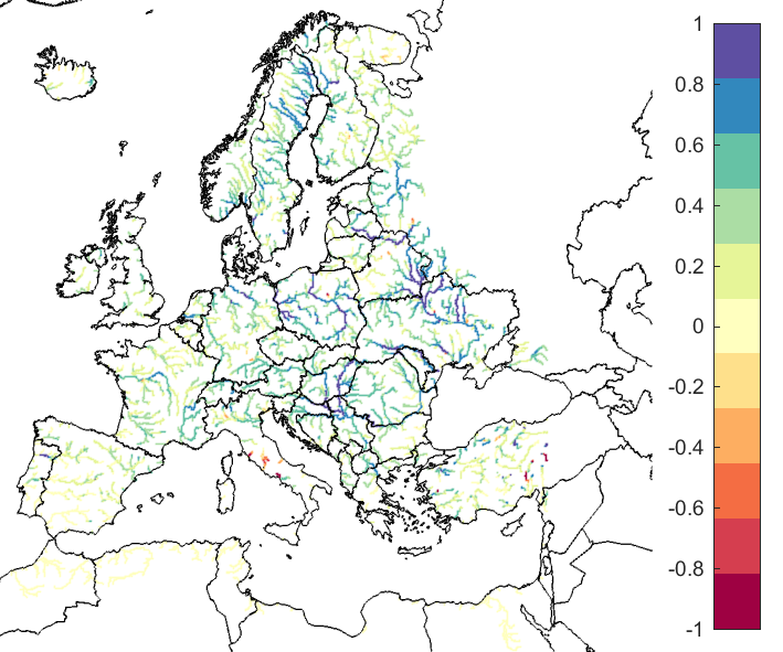 Figure 2. EFAS CRPSS at lead-time 3 days for August 2020, for catchments >2000 km2. The reference score is persistence.