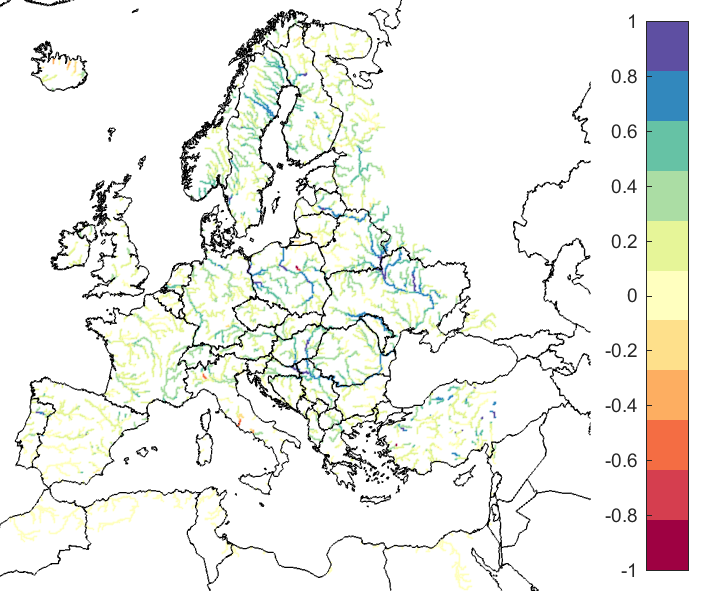 Figure 3. EFAS CRPSS at lead-time 5 days for August 2020, for catchments >2000 km2. The reference score is persistence.