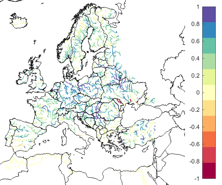 Figure 2. EFAS CRPSS at lead-time 3 days for September 2020, for catchments >2000 km2. The reference score is persistence.
