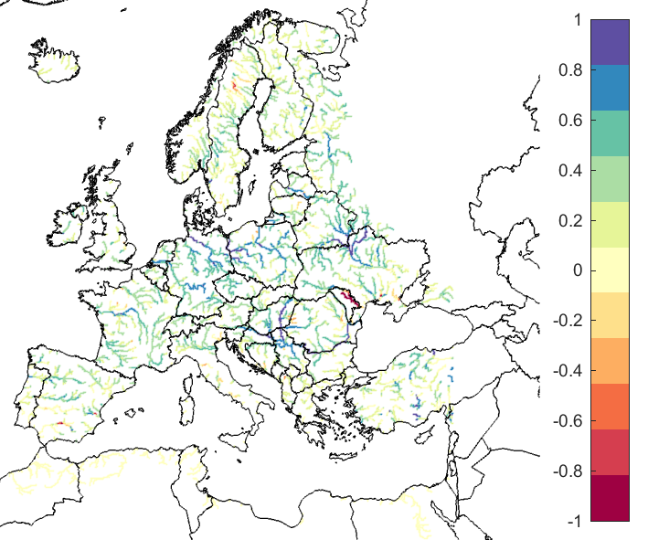 Figure 3. EFAS CRPSS at lead-time 5 days for September 2020, for catchments >2000 km2. The reference score is persistence.