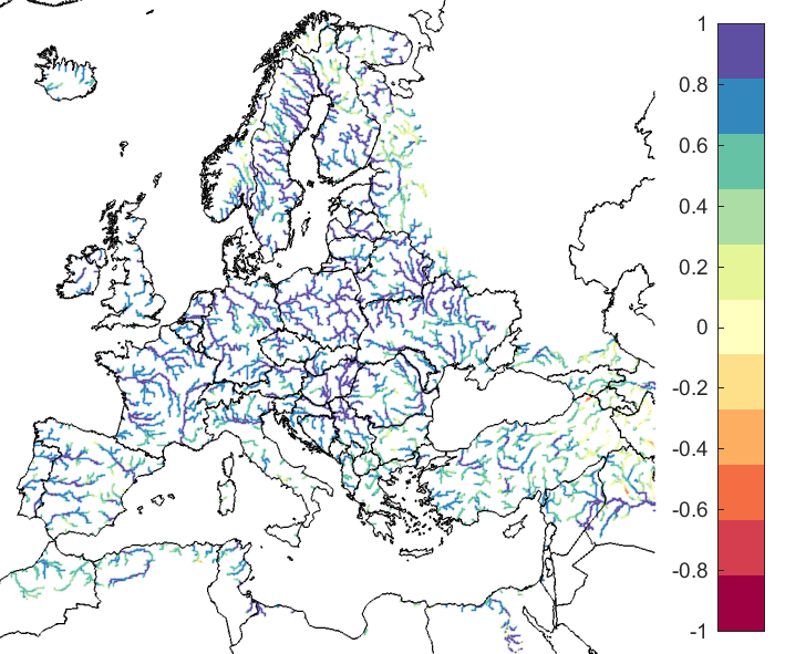 Figure 1. EFAS CRPSS at lead-time 1 day for January 2021, for all catchments. The reference score is persistence.