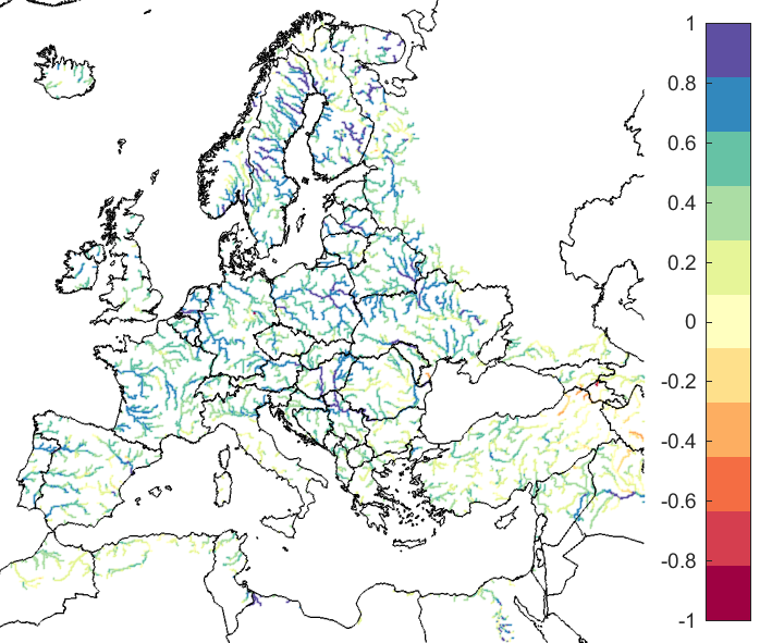 Figure 2. EFAS CRPSS at lead-time 3 days for January 2021, for all catchments. The reference score is persistence.