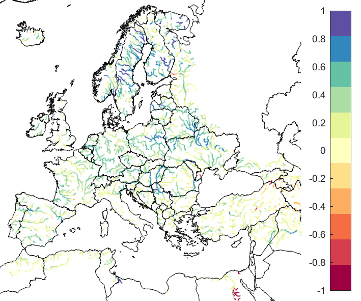 Figure 3. EFAS CRPSS at lead-time 5 days for January 2021, for all catchments. The reference score is persistence.