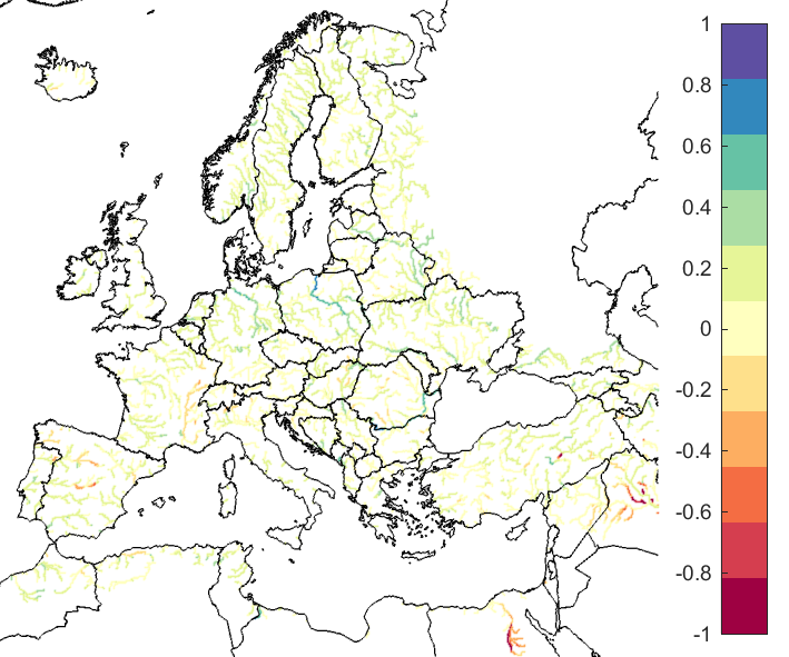Figure 4. EFAS CRPSS at lead-time 10 days for October 2020, for all catchments. The reference score is persistence.