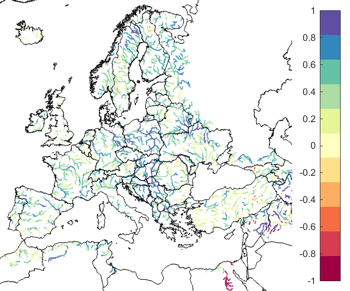 Figure 2. EFAS CRPSS at lead-time 3 days for October 2020, for all catchments. The reference score is persistence.