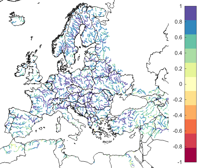 Figure 1. EFAS CRPSS at lead-time 1 day for November 2020, for all catchments. The reference score is persistence.