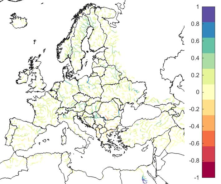 Figure 4. EFAS CRPSS at lead-time 10 days for November 2020, for all catchments. The reference score is persistence.