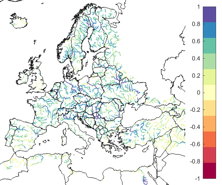 Figure 2. EFAS CRPSS at lead-time 3 days for November 2020, for all catchments. The reference score is persistence.