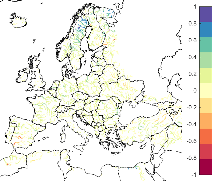 Figure 4. EFAS CRPSS at lead-time 10 days for December 2020, for all catchments. The reference score is persistence.