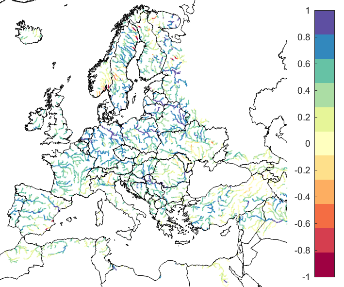 Figure 2. EFAS CRPSS at lead-time 3 days for February 2021, for all catchments.
