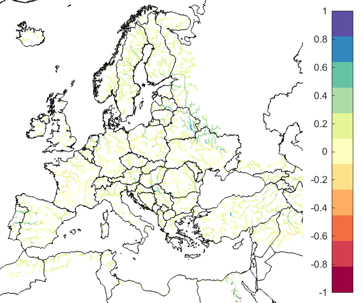 Figure 4. EFAS CRPSS at lead-time 10 days for March 2021, for all catchments. The reference score is persistence.