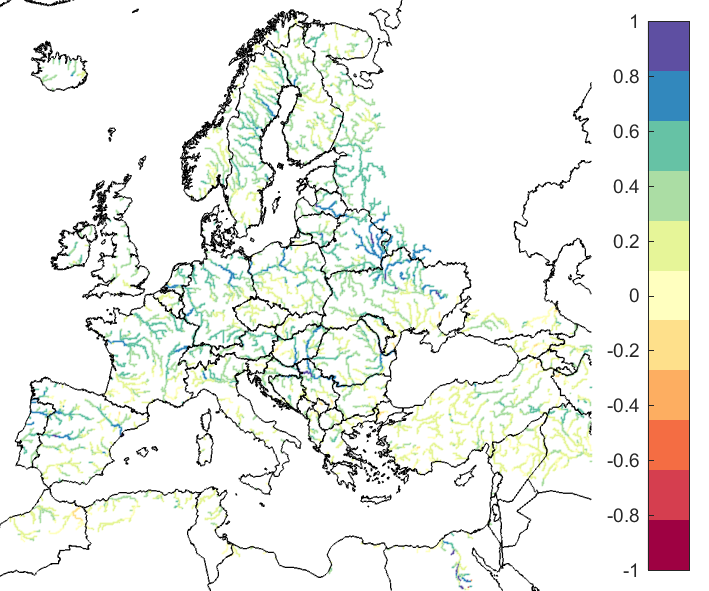 Figure 3. EFAS CRPSS at lead-time 5 days for March 2021, for all catchments. The reference score is persistence.