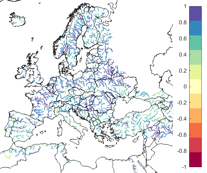 Figure 1. EFAS CRPSS at lead-time 1 day for April 2021, for all catchments.