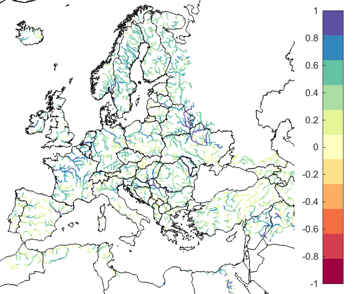 Figure 2. EFAS CRPSS at lead-time 3 days for April 2021, for all catchments.