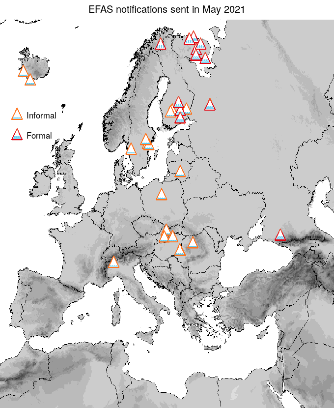 Figure 1. EFAS flood notifications sent for May 2021
