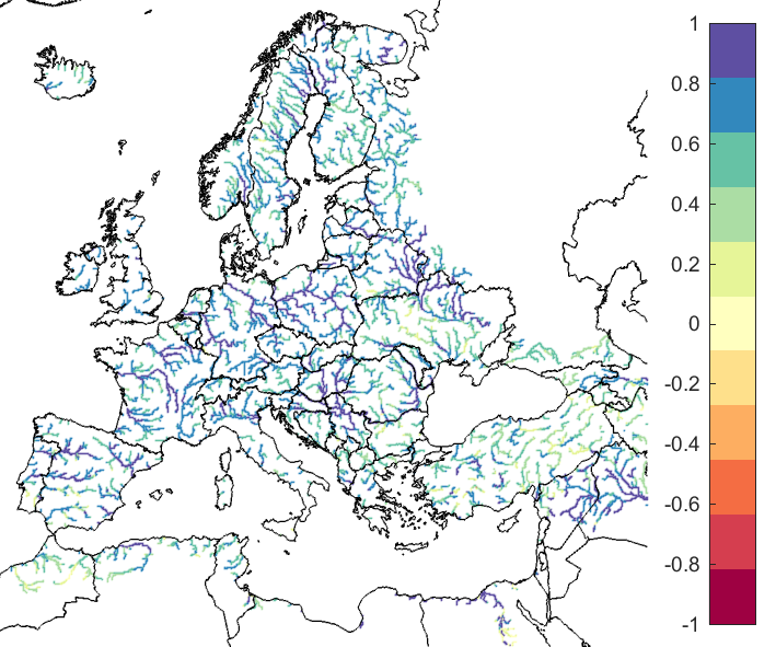 Figure 1. EFAS CRPSS at lead-time 1 day for May 2021, for all catchments. The reference score is persistence.