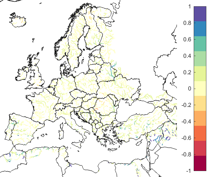 Figure 4. EFAS CRPSS at lead-time 10 days for July 2021, for all catchments. The reference score is persistence.