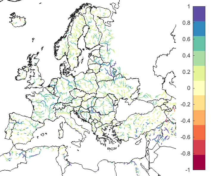 Figure 2. EFAS CRPSS at lead-time 3 days for July 2021, for all catchments.
