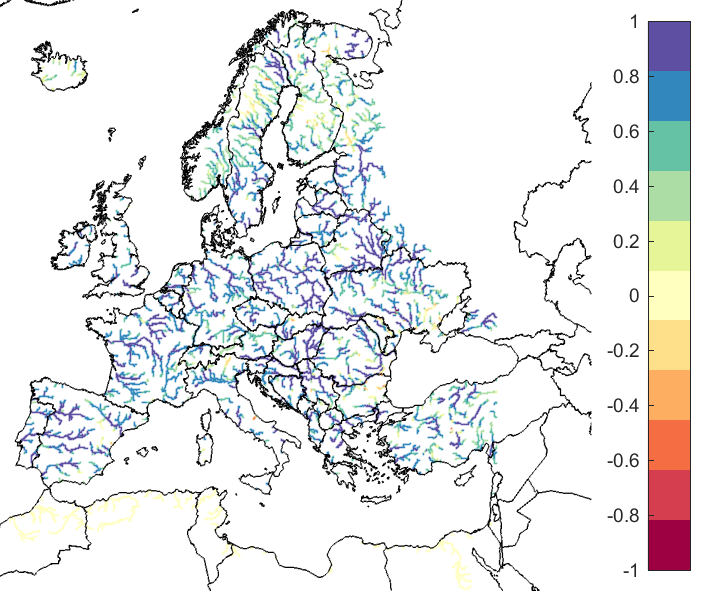 Figure 1. EFAS CRPSS at lead-time 1 day for September 2021, for all catchments. The reference score is persistence.