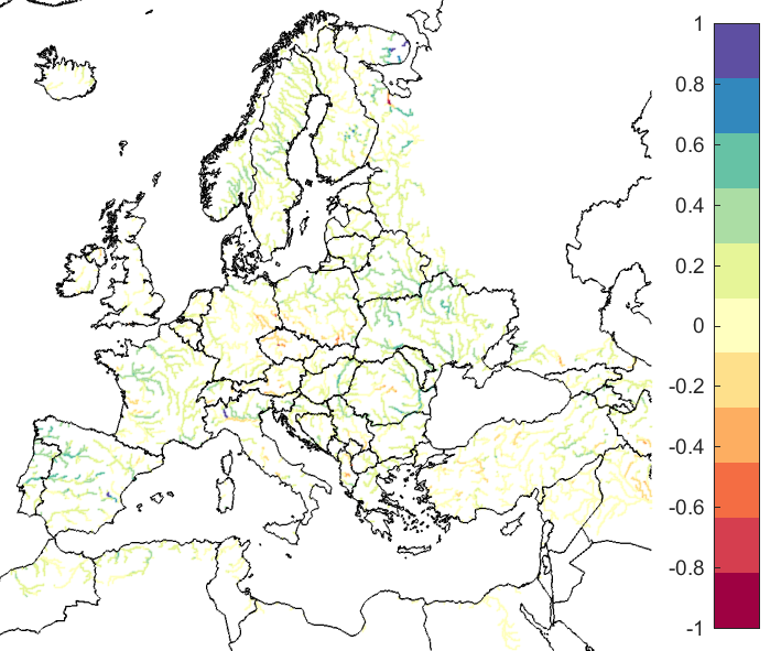 Figure 4. EFAS CRPSS at lead-time 10 days for January 2022, for all catchments. The reference score is persistence.