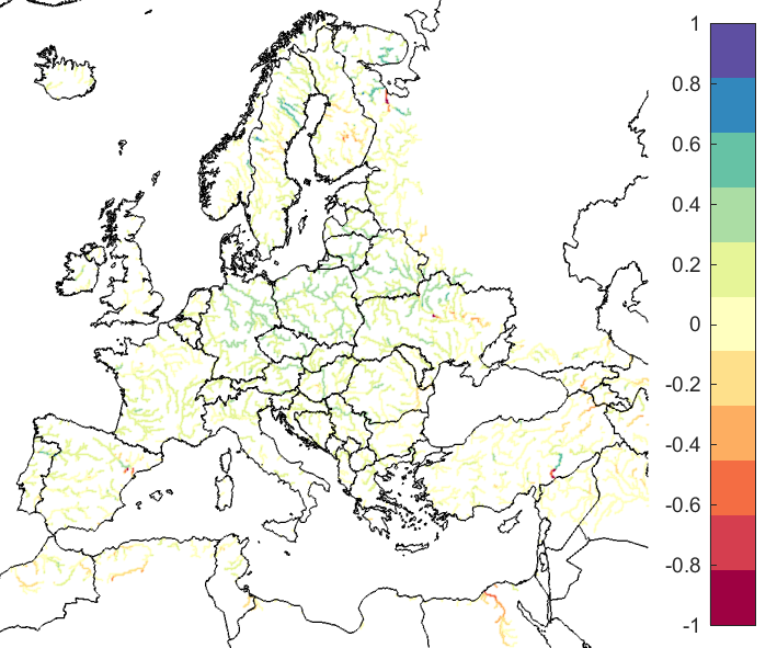 Figure 4. EFAS CRPSS at lead-time 10 days for February 2022, for all catchments. The reference score is persistence.