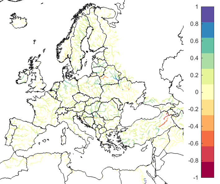 Figure 4. EFAS CRPSS at lead-time 10 days for March 2022, for all catchments. The reference score is persistence.