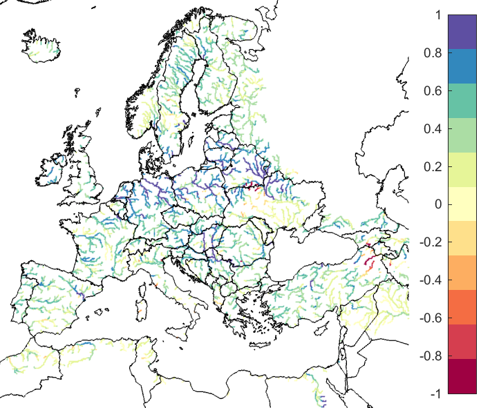 Figure 2. EFAS CRPSS at lead-time 3 days for March 2022, for all catchments.