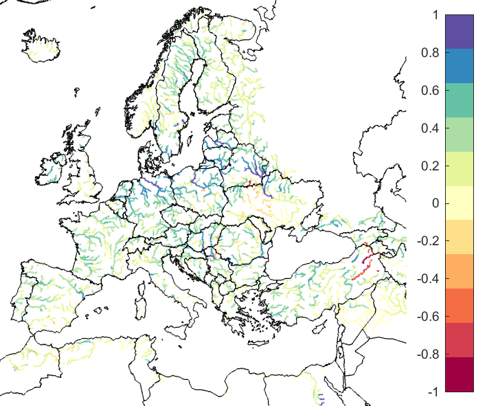 Figure 3. EFAS CRPSS at lead-time 5 days for March 2022, for all catchments. The reference score is persistence.