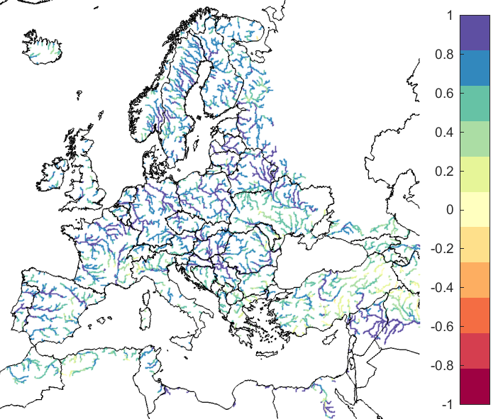 Figure 1. EFAS CRPSS at lead-time 1 day for April 2022, for all catchments. The reference score is persistence.