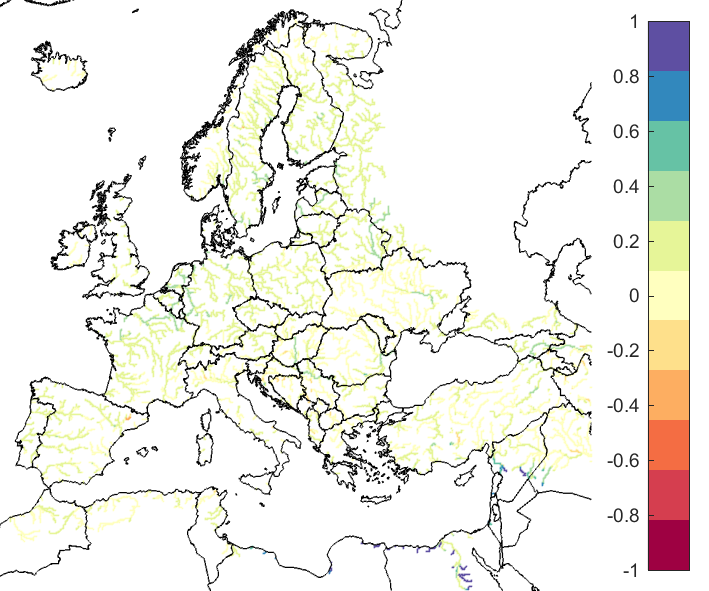 Figure 4. EFAS CRPSS at lead-time 10 days for April 2022, for all catchments. The reference score is persistence.