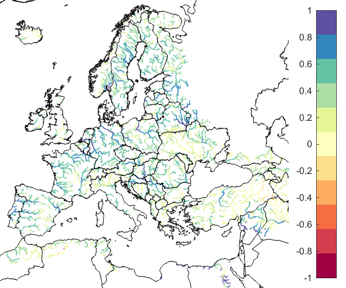 Figure 2. EFAS CRPSS at lead-time 3 days for April 2022, for all catchments.