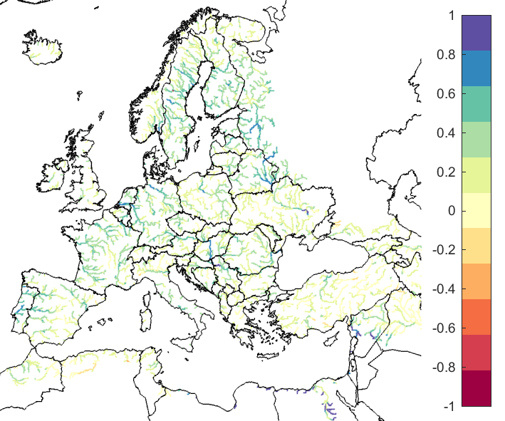 Figure 3. EFAS CRPSS at lead-time 5 days for April 2022, for all catchments. The reference score is persistence.