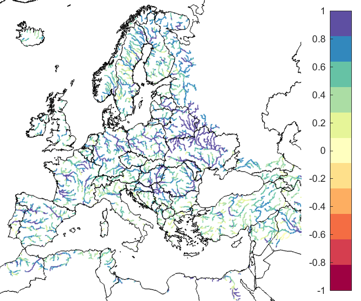 Figure 1. EFAS CRPSS at lead-time 1 day for May 2022, for all catchments. The reference score is persistence.