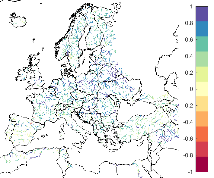 Figure 1. EFAS CRPSS at lead-time 1 day for June 2022, for all catchments. The reference score is persistence.
