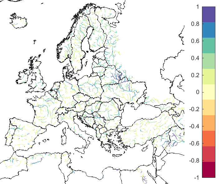 Figure 2. EFAS CRPSS at lead-time 3 days for June 2022, for all catchments.