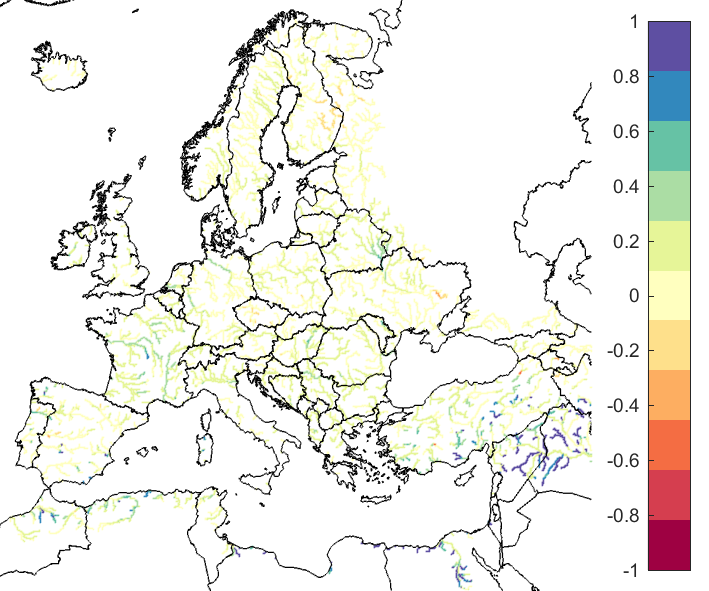Figure 4. EFAS CRPSS at lead-time 10 days for July 2022, for all catchments. The reference score is persistence.