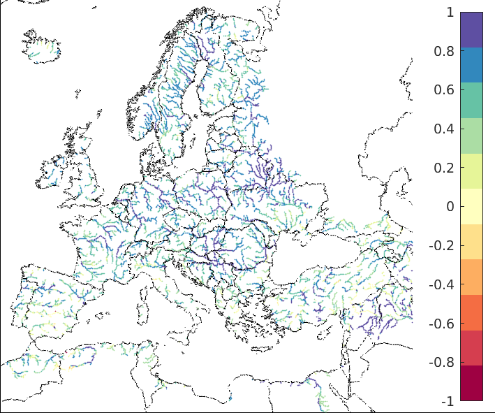 Figure 1. EFAS CRPSS at lead-time 1 day for September 2022, for all catchments. The reference score is persistence.