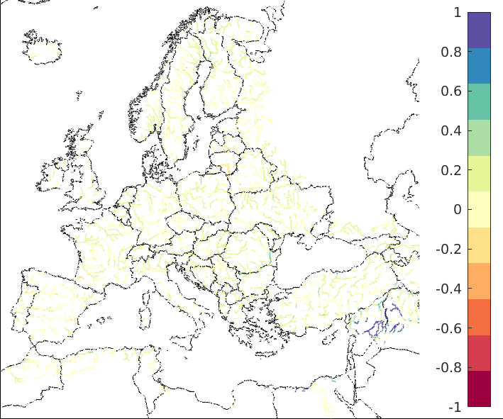 Figure 4. EFAS CRPSS at lead-time 10 days for September 2022, for all catchments. The reference score is persistence.