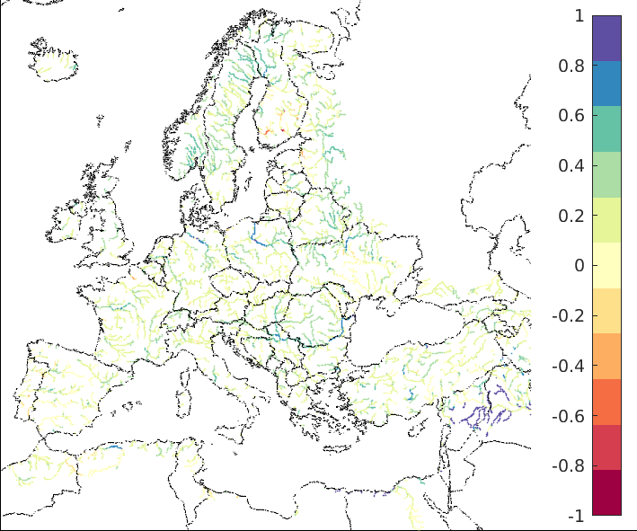 Figure 3. EFAS CRPSS at lead-time 5 days for September 2022, for all catchments. The reference score is persistence.