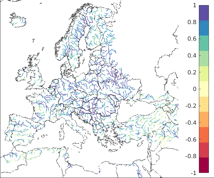 Figure 1. EFAS CRPSS at lead-time 1 day for October 2022, for all catchments. The reference score is persistence.