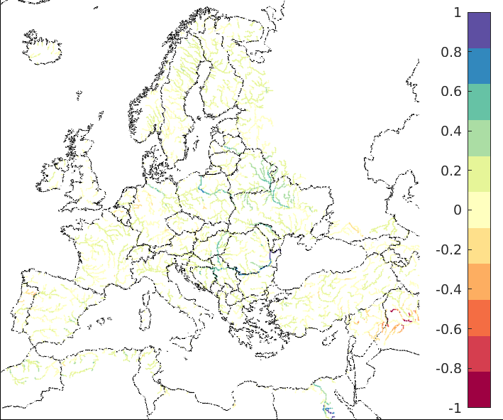 Figure 4. EFAS CRPSS at lead-time 10 days for October 2022, for all catchments. The reference score is persistence.