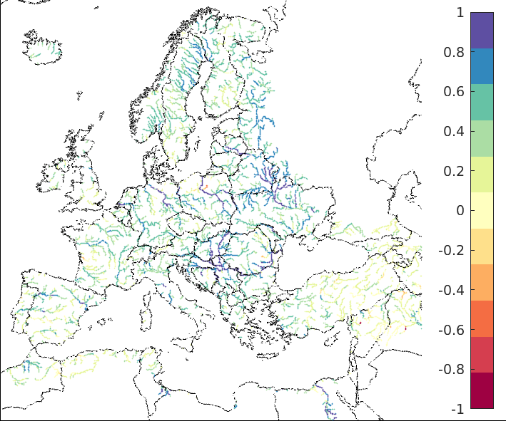 Figure 2. EFAS CRPSS at lead-time 3 days for October 2022, for all catchments.