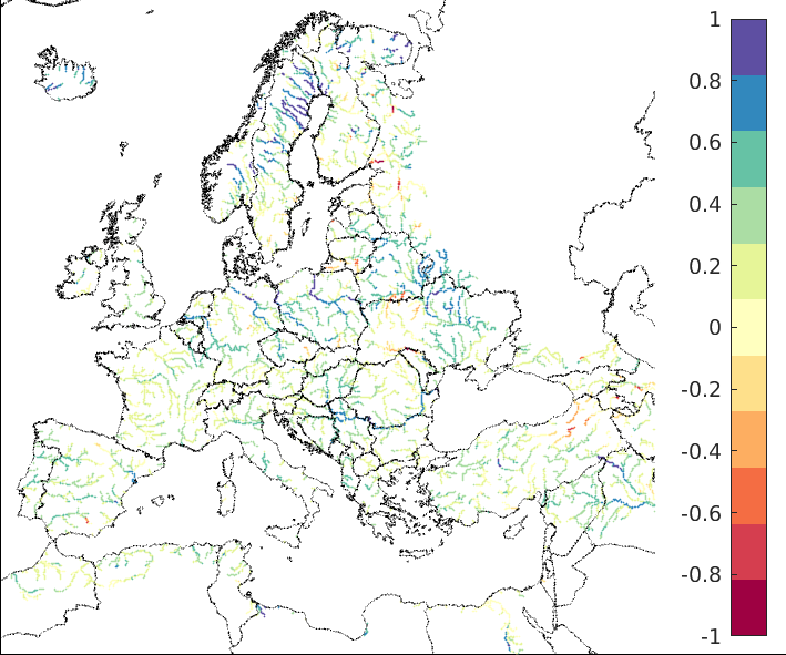 Figure 3. EFAS CRPSS at lead-time 5 days for December 2022, for all catchments. The reference score is persistence.