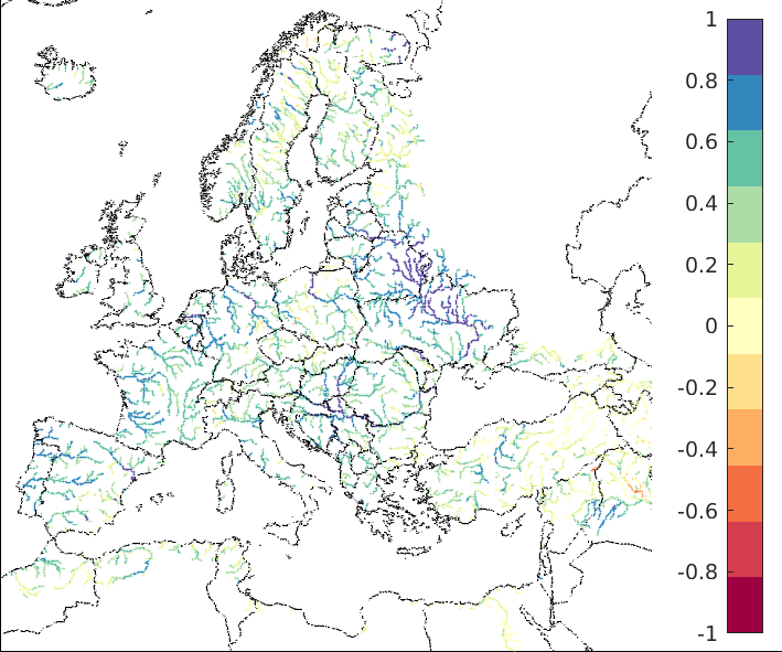 Figure 2. EFAS CRPSS at lead-time 3 days for January 2023, for all catchments.