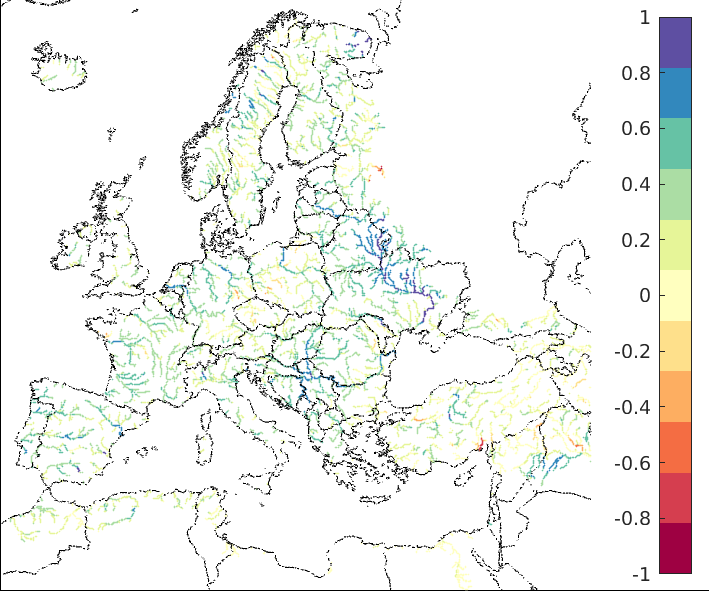 Figure 3. EFAS CRPSS at lead-time 5 days for January 2023, for all catchments. The reference score is persistence.