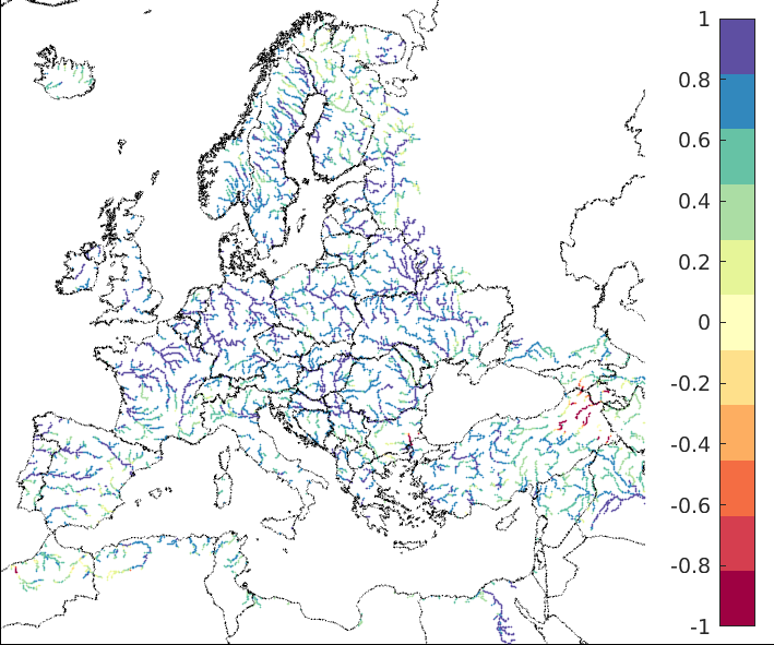 Figure 1. EFAS CRPSS at lead-time 1 day for February 2023, for all catchments. The reference score is persistence.