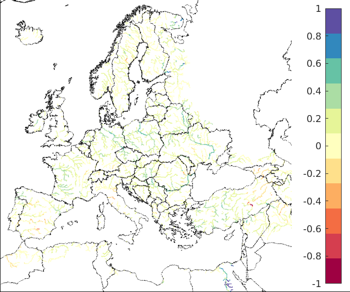 Figure 4. EFAS CRPSS at lead-time 10 days for February 2023, for all catchments. The reference score is persistence.