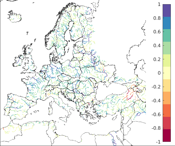 Figure 2. EFAS CRPSS at lead-time 3 days for February 2023, for all catchments.
